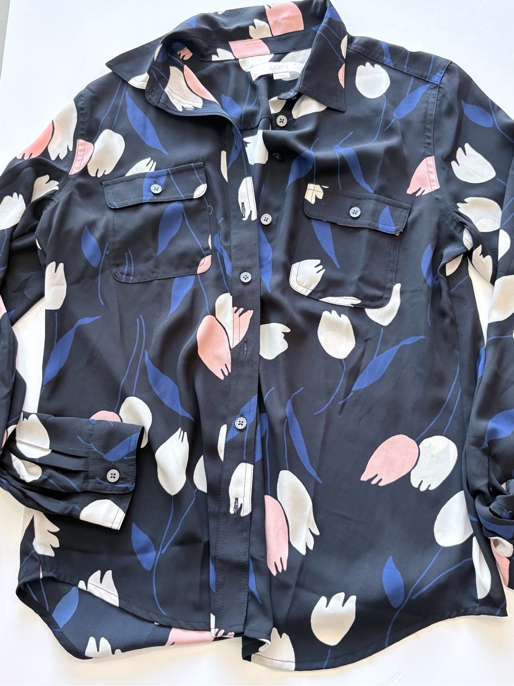 LOFT Black Floral Tulip Button-Up Blouse with Pink & Blue Accents F8